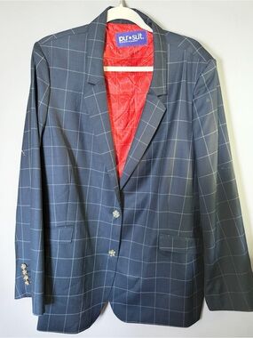 Pursuit Navy Windowpane Sport Coat Blazer Men’s Tailored Jacket Red Lining